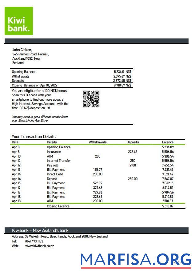 Realistic New Zealand Kiwibank statement word download for verification